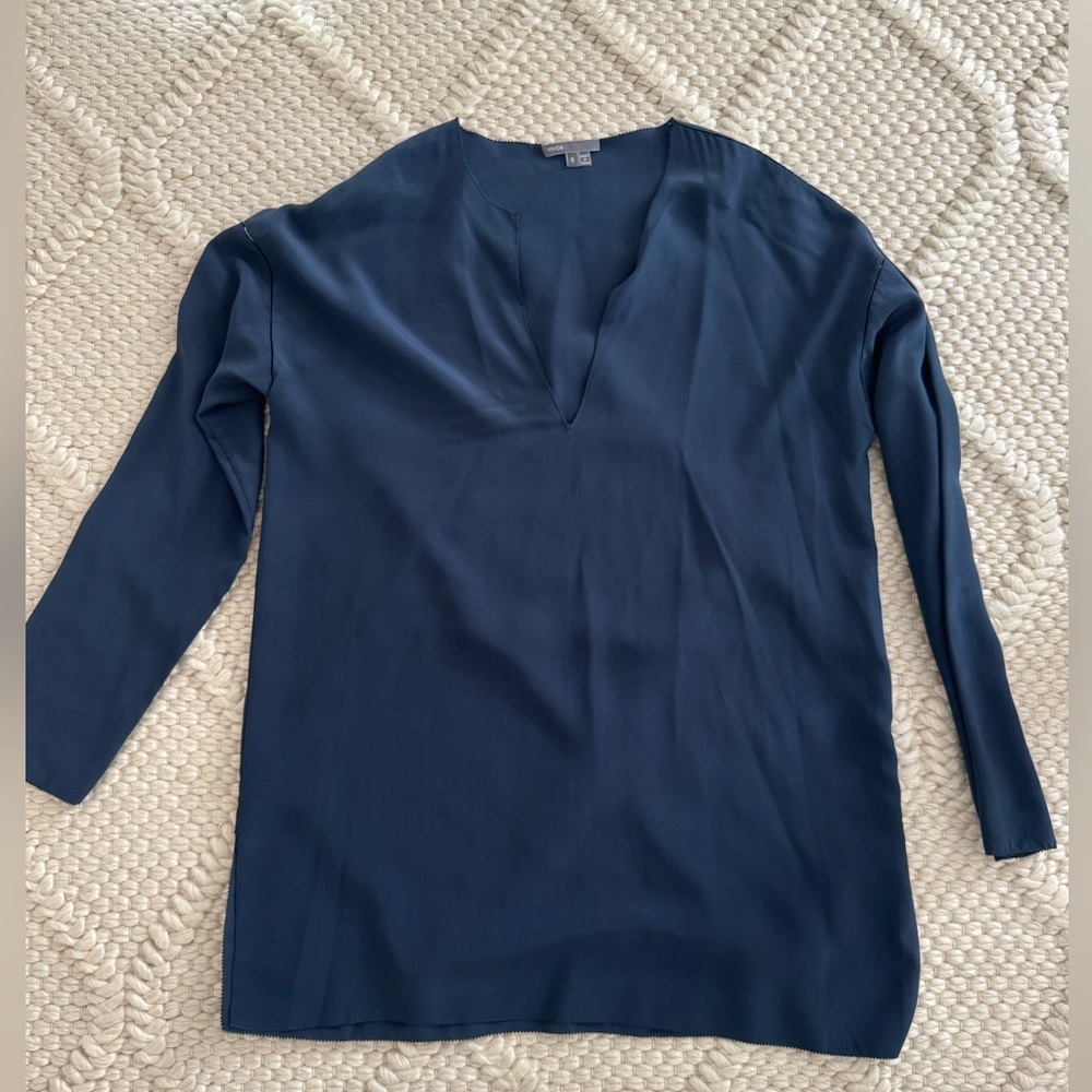 Vince V neck Elegant Navy Blue Women's Silk Top